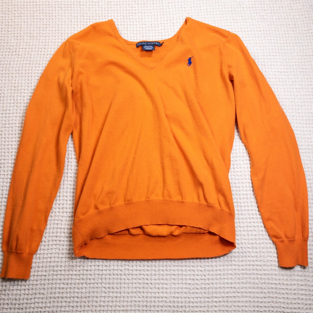 Ralph Lauren Orange V-Neck Sweater 100% Pima Cotton Blue Pony Logo Size L